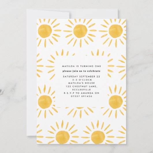 Sonnenschein 1. Geburtstag Aquarell Gelb Einladung (Rückseite)