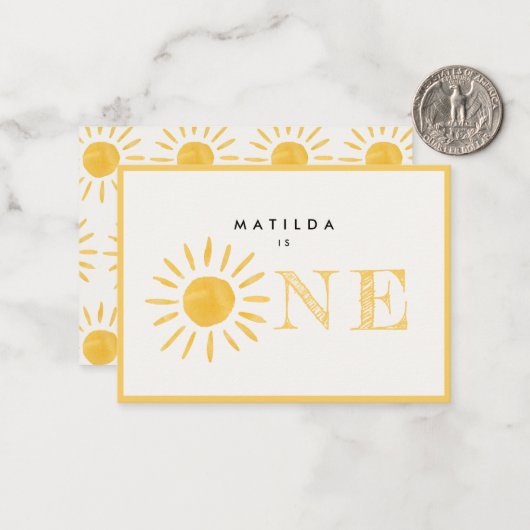 Sonnenschein 1. Geburtstag Sonne gelb danke Mitteilungskarte (Vorderseite/Rückseite Beispiel)