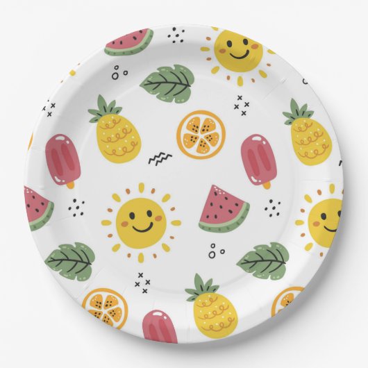 Sonnenschein, Ananas, Wassermelonen, Orangen Pappteller (Vorderseite)