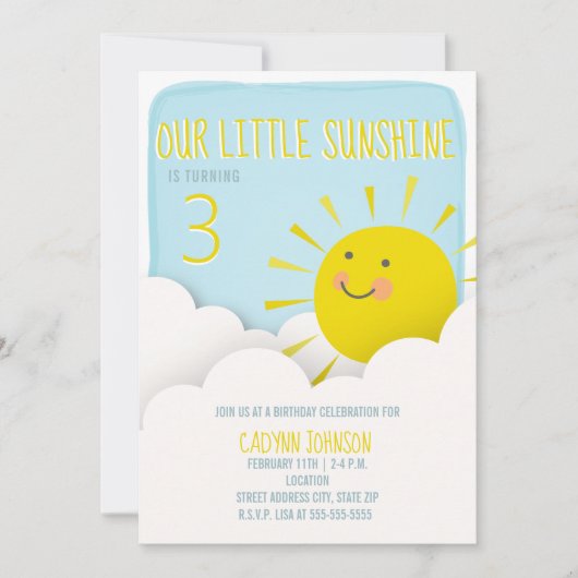 Sonnenschein-blauer Himmel bewölkt Geburtstag Einladung (Vorderseite)