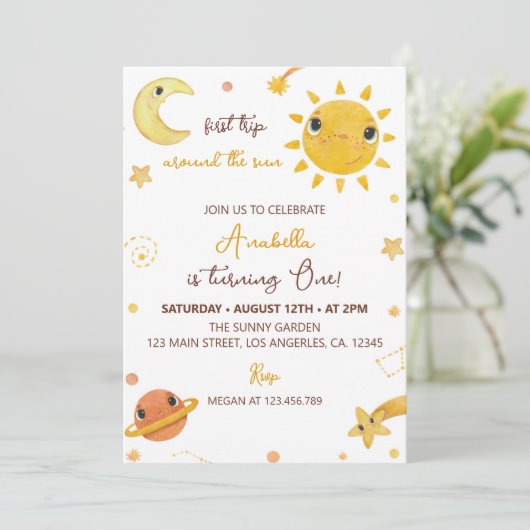 Sonnenschein Erste Reise rund um die Sonne Geburts Einladung (Stehend Vorderseite)