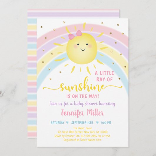 Sonnenschein Rainbow Pink Gold Pastel Babydusche Einladung (Vorne/Hinten)