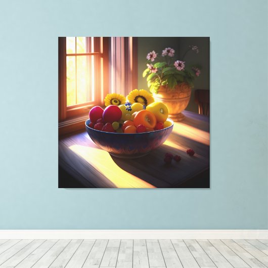 Sonnenschein-Schüssel mit Obst und Blume 1 Leinwanddruck (Insitu (Holzboden))