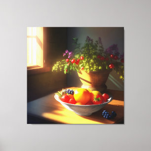 Sonnenschein-Schüssel mit Obst und Blume 3 Leinwanddruck