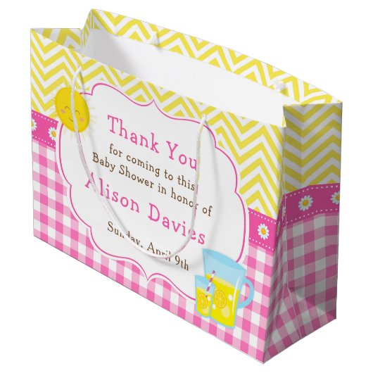 Sonnenschein und Lemonade Pink und Gelbe Babydusch Große Geschenktüte (Rückseite Schrägansicht)