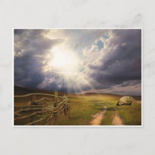 Sonnenschein und Wiese und alter Holzzaun Postkart Postkarte