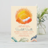 Sonnenschein und Wolken Gelb Graue Retro Baby Dusc Einladung (Stehend Vorderseite)