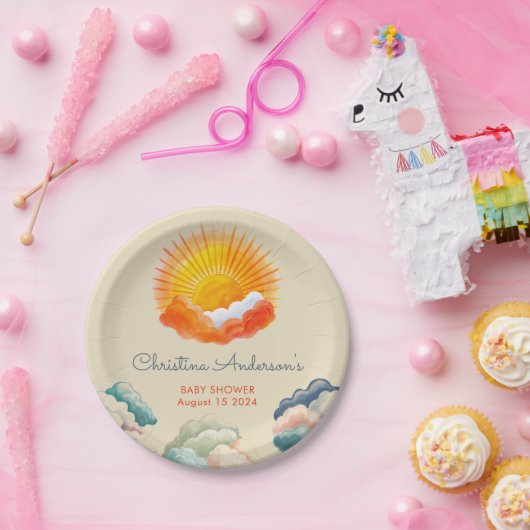 Sonnenschein und Wolken Gelb Graue Retro Baby Dusc Pappteller (Party)