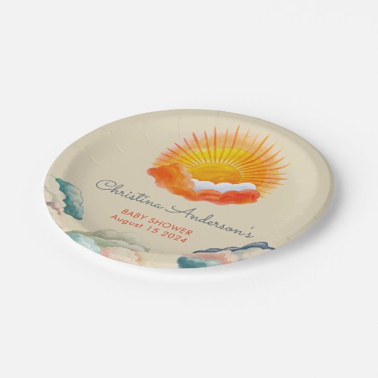 Sonnenschein und Wolken Gelb Graue Retro Baby Dusc Pappteller (Schrägansicht)