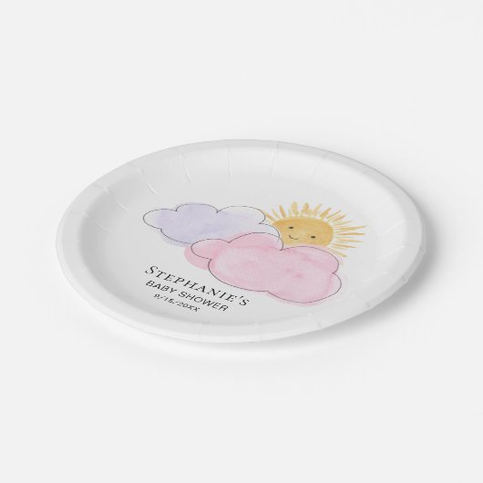 Sonnenschein und Wolken Mädchendusche Pappteller (Schrägansicht)