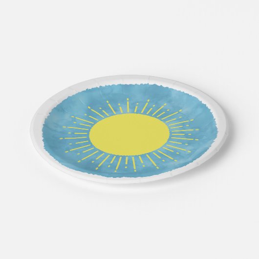 Sonnenschein Wasserfarbe Babydusche im Hintergrund Pappteller (Schrägansicht)