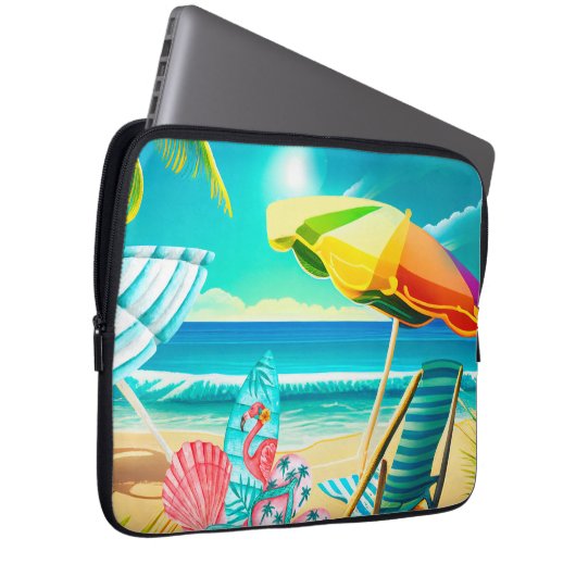 Sonnenschirme, Surfbretter und Baum Laptopschutzhülle (Vorne Rechts)