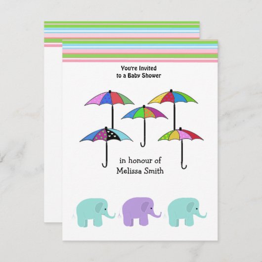 Sonnenschirme und Elefanten Kinderdusche Einladung (Vorne/Hinten)