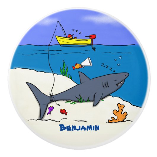 Sonnenschlafhai und Fischerei Cartoon Keramikknauf (Vorderseite)