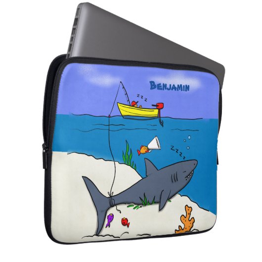 Sonnenschlafhai und Fischerei Cartoon Laptopschutzhülle (Vorne Rechts)