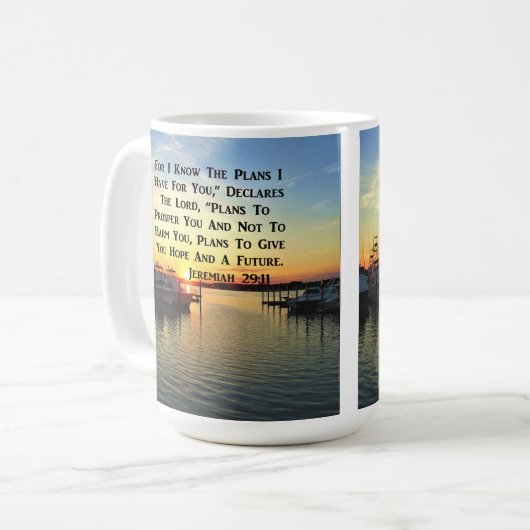 SONNENSCHLAG ÜBER DEM SEE JEREMIAH 29:11 SKRIPTURE KAFFEETASSE (Vorderseite Links)