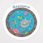 Sonnenseebewohner unter Wasser zeichnend Cartoon Etiketten (Design 2)