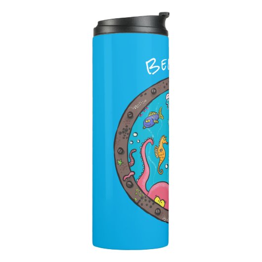 Sonnenseebewohner unter Wasser zeichnend Cartoon Thermosbecher (Nach links gedreht)