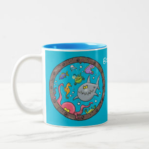 Sonnenseebewohner unter Wasser zeichnend Cartoon Zweifarbige Tasse