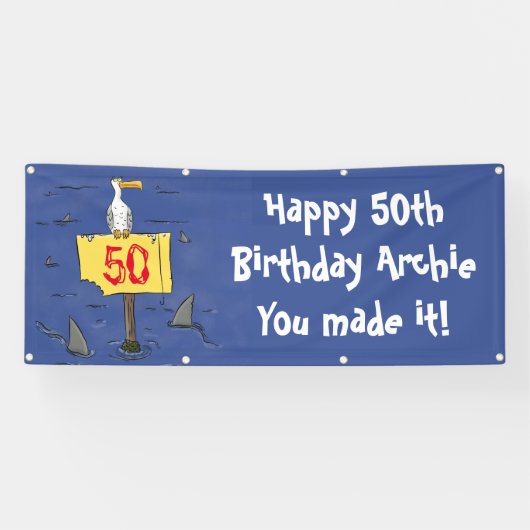 Sonnensevogel umkreist von Haifischen Cartoon-Bann Banner (Horizontal)