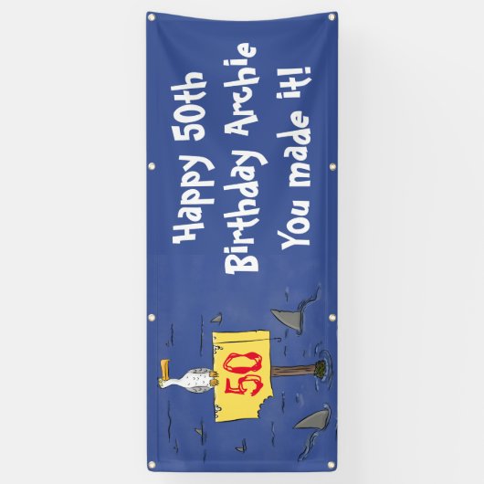 Sonnensevogel umkreist von Haifischen Cartoon-Bann Banner (Vertikal)