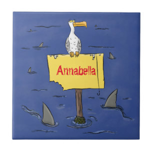 Sonnensevogel umkreist von Haifischen Cartoon Fliese