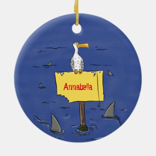 Sonnensevogel umkreist von Haifischen Cartoon Keramik Ornament (Hinten)