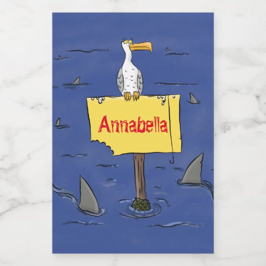 Sonnensevogel umkreist von Haifischen Cartoon Lebensmitteletikett (Einzelnes Label)