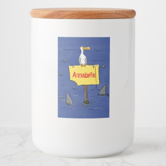 Sonnensevogel umkreist von Haifischen Cartoon Lebensmitteletikett (Vorderseite)