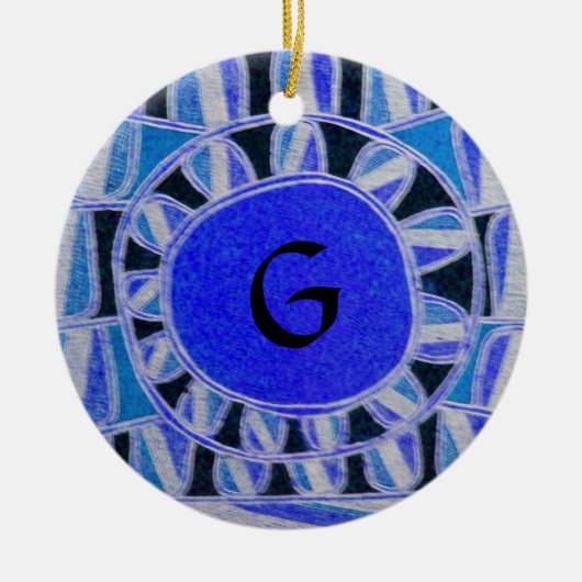 SONNENSOLARENERGIE-MONOGRAM Blau Schwarz-weiß Keramik Ornament (Vorne)
