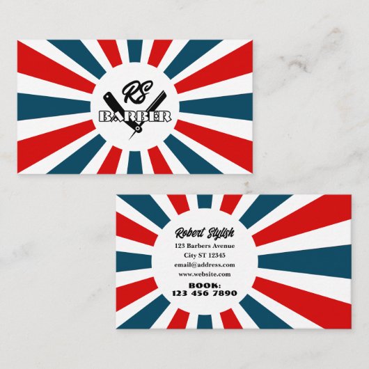 Sonnenstrahlen aus Barber, blau und rot mit Logo Visitenkarte (Vorne/Hinten)