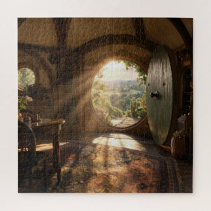 Sonnenstrahlen in runder Tür mit Talblick Puzzle