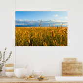 Sonnenstrahlen über Weizenfeld mit Bergen Poster (Küche)