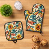 Sonnenstrom Blüte Ofenhandschuh & Topflappen-Set (Oben Unten)
