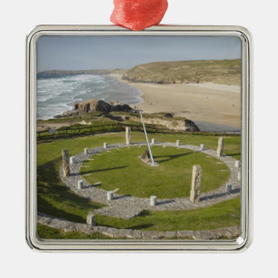 Sonnenuhr und Perran Beach, Perranporth, Cornwall, Silbernes Ornament