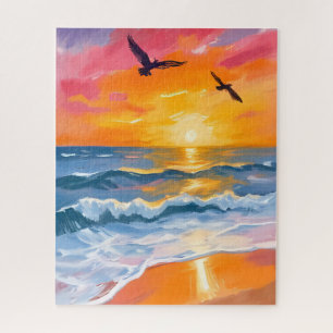 Sonnenuntergang am goldenen Ozean Aquarell-Strandm Puzzle