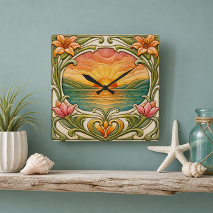 Sonnenuntergang am Meer mit Lilienblumen Jugendsti Quadratische Wanduhr
