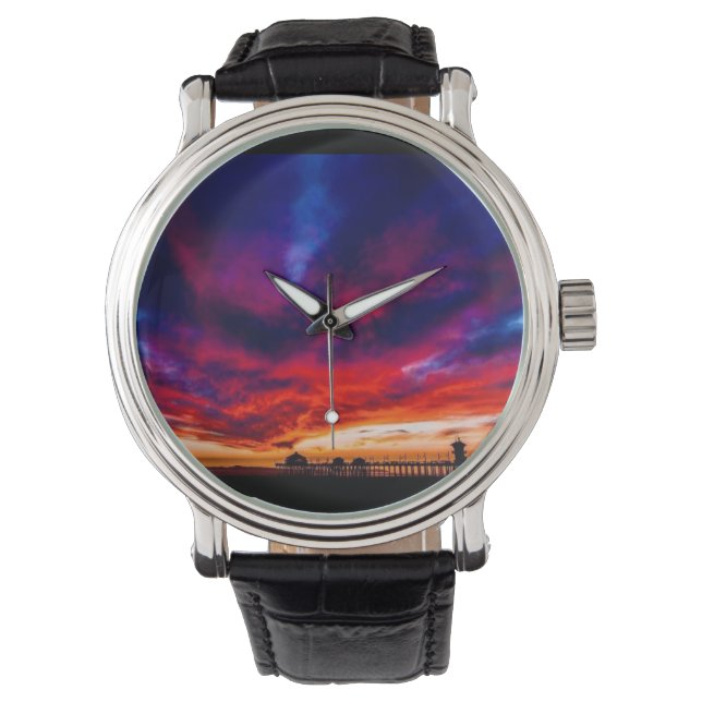 Sonnenuntergang am Pier, Huntington Beach, CA Armbanduhr (Vorderseite)