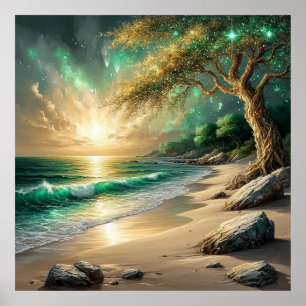 Sonnenuntergang am ruhigen Strand mit mystischem B Poster