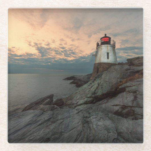 Sonnenuntergang am Schloss-Hügel-Leuchtturm Glasuntersetzer (Vorderseite)