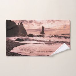 Sonnenuntergang am schwarzen Sandstrand Reynisfjar Badhandtuch Set