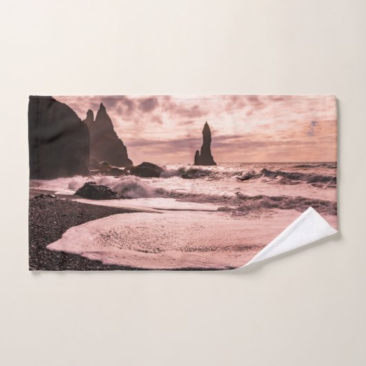 Sonnenuntergang am schwarzen Sandstrand Reynisfjar Badhandtuch Set (Handtuch)