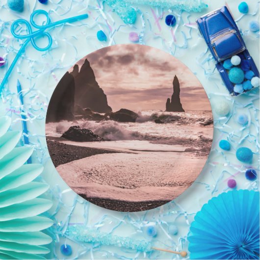 Sonnenuntergang am schwarzen Sandstrand Reynisfjar Pappteller (Party)