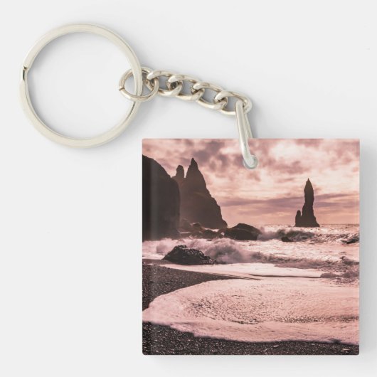 Sonnenuntergang am schwarzen Sandstrand Reynisfjar Schlüsselanhänger (Vorderseite)