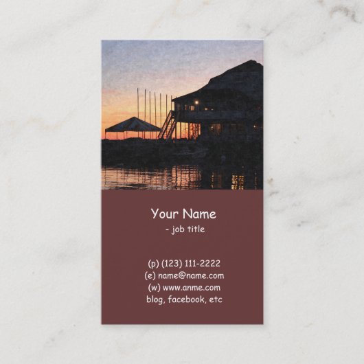 Sonnenuntergang am See mit Gebäude auf dem Deck Visitenkarte (Vorderseite)