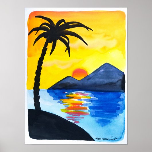 Sonnenuntergang am Strand - Aquarellfärbung Poster (Vorne)
