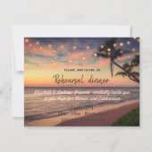 Sonnenuntergang am Strand Hochzeit, Palme, Lights Einladung (Vorderseite)