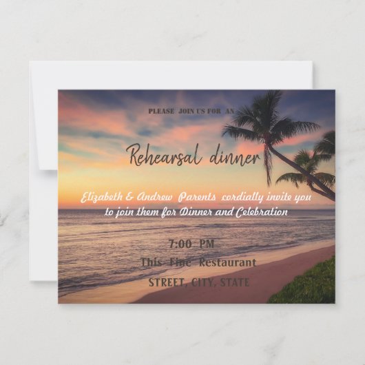 Sonnenuntergang am Strand Hochzeit, Palms Probe Di Einladung (Vorderseite)