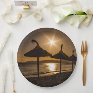 Sonnenuntergang am Strand, Mallorca, Spanien Pappteller