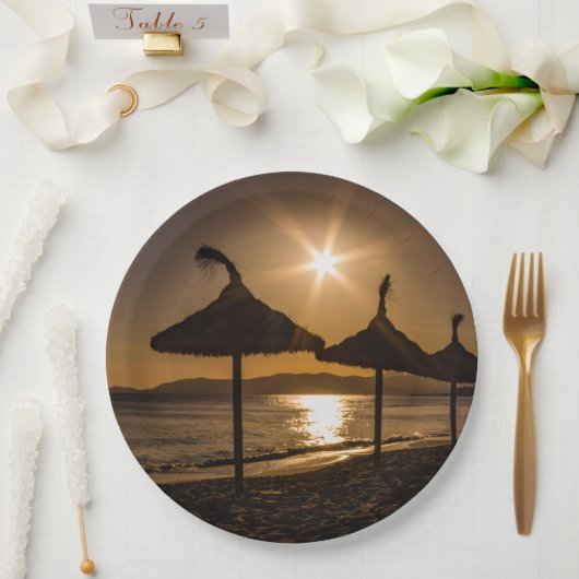 Sonnenuntergang am Strand, Mallorca, Spanien Pappteller (Hochzeit)
